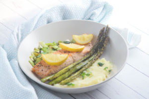 grilled salmon with parsnip mash and sauteed leeks