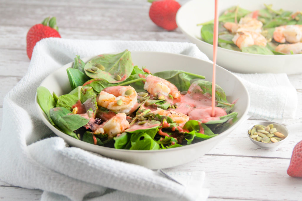 summer shrimp salad with strawberry mint algae oil dressing action